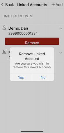 Linked Account Remove Screen